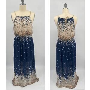 Hologram Navy Blue & Cream Floral Gold Braided Halter Maxi Dress Size Medium